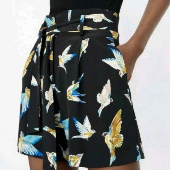 Zara black with blue and yellow birds high rise paperbag shorts NWT - Picture 1 of 14